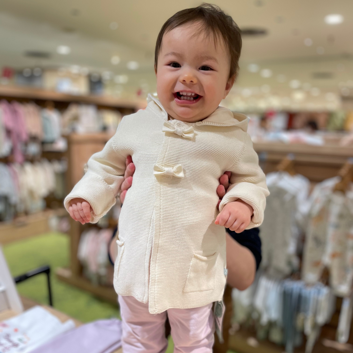 オーガニック リボン付きニットフードジャケット- knitted Girl Jacket with ribbons